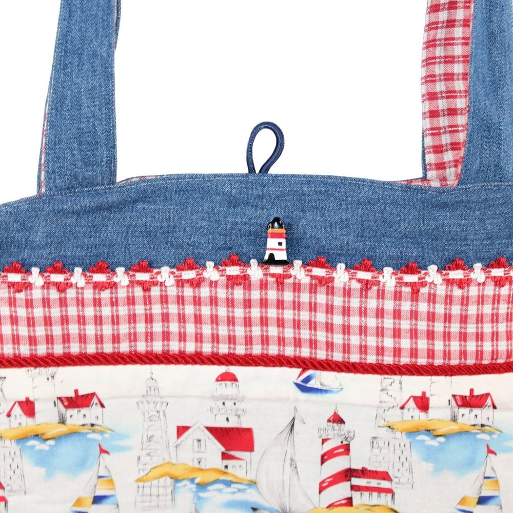 Handcrafted Handsewn Lighthouse Plaid Denim Embellished Lined Shoulder Purse Bag - Picture 9 of 16